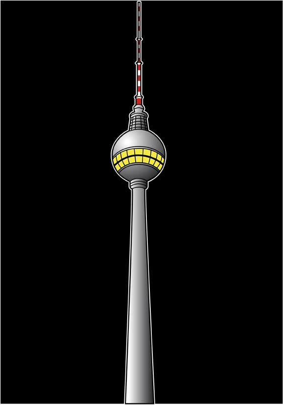 Stilisierte Grafik. Berliner Fernsehturm Gesamtansicht. Für Details anklicken.