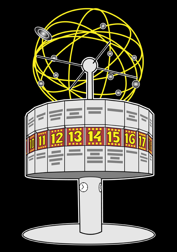 Stilisierte Grafik. Weltzeituhr: Gesamtansicht. Für Details anklicken.